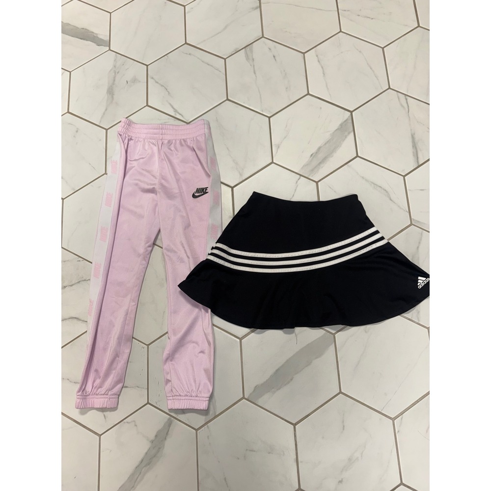 Girls Large Sporty Bundle Pink Track Pants & Adidas Black 3-Stripe Skort